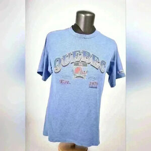 1992  QUEBEC NORDIQUES NHL Blue Single Needle Trench Ultra Tee Shirt Large USA